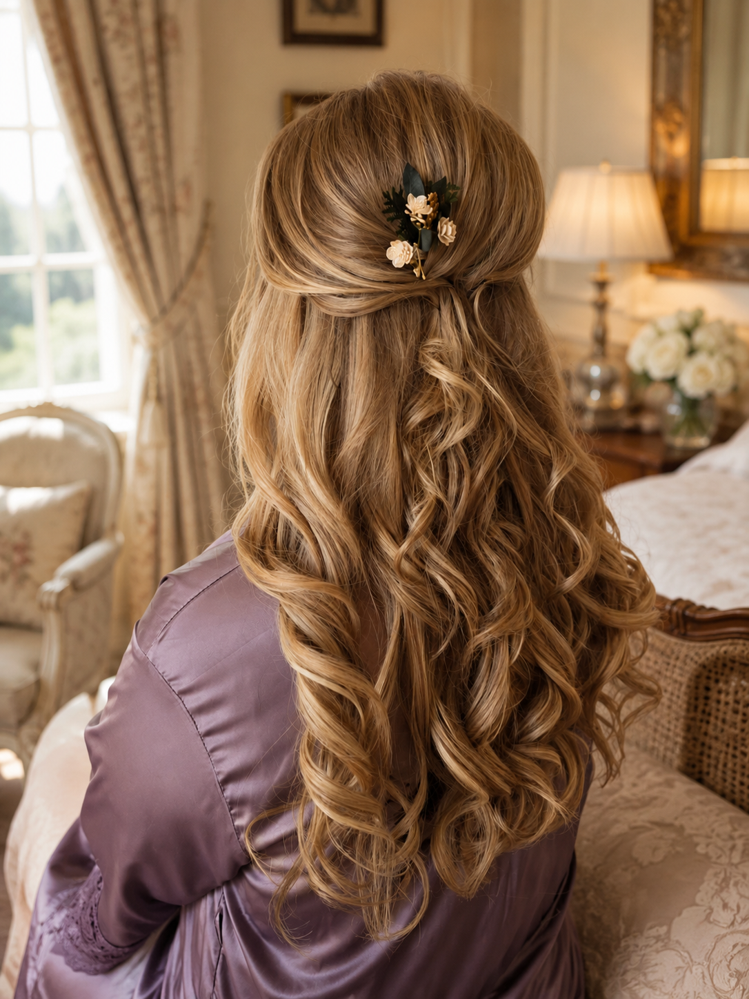 Bridal updo with floral pins for wedding in Dorset